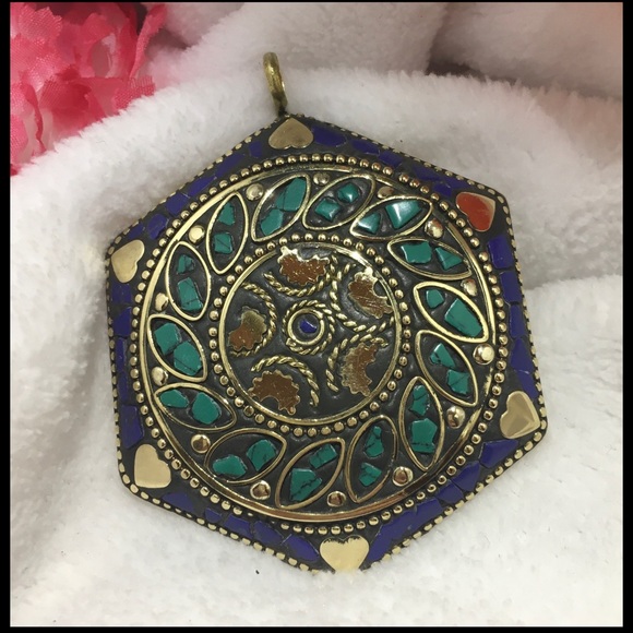 Crushed Turquoise Lapis Lazuli Turkish Brass Pendant Necklace & Earrings - Picture 2 of 4